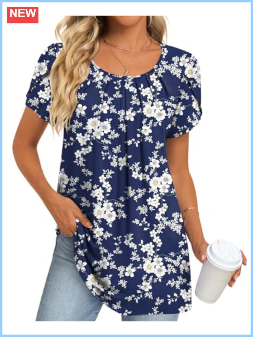 Women's Pleated Tunic Top Short Sleeve Crew Neck Casual Blouse for Leggings
